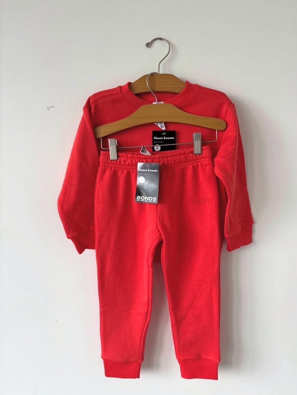 Bonds Kids Coral-Red Fleece Sweat Set - Crew & Joggers